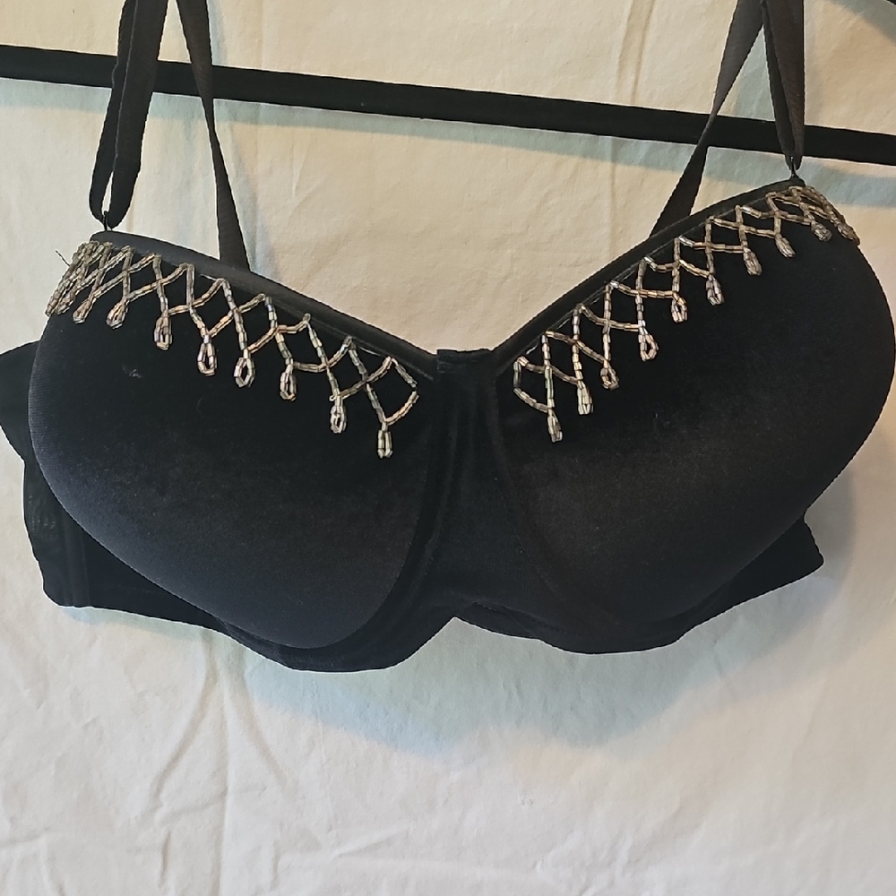Velour Black Strapless Convertable  Bra with Beaded Fringe, PLUS 44DD Rave